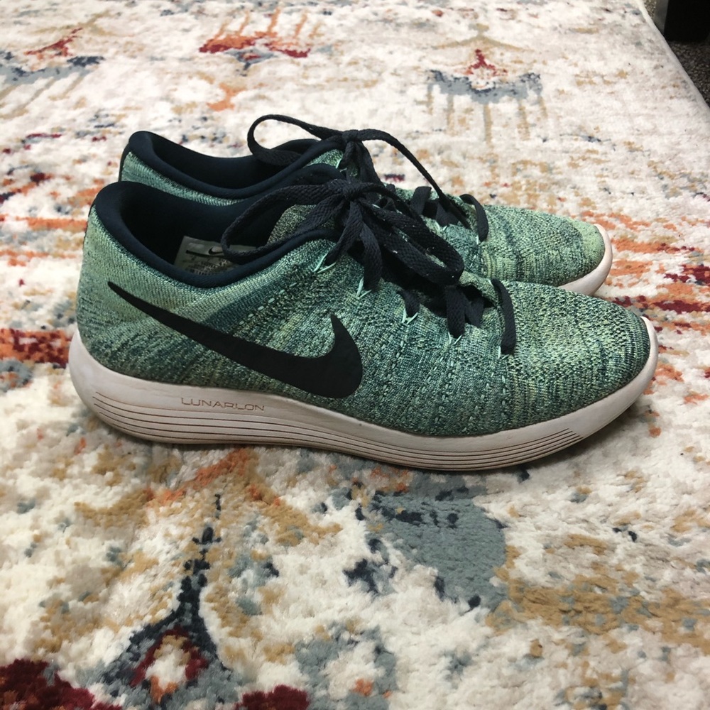 Nike Women's Mint Green and Black Flyknit Lunarlon Running Shoes